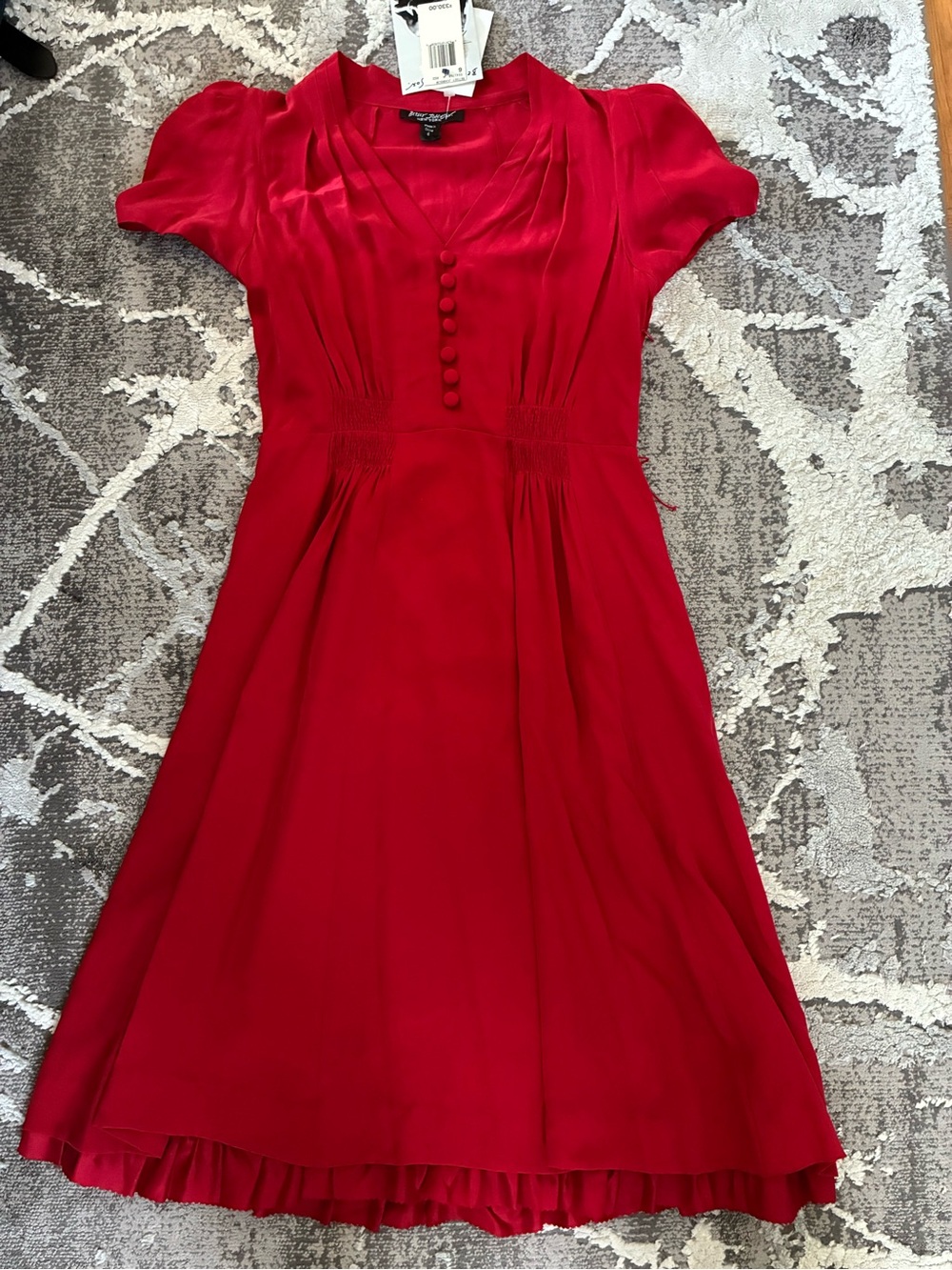 NWT vintage Betsy Johnson silk dress Sz 6 100% silk cherry red button retro 60s